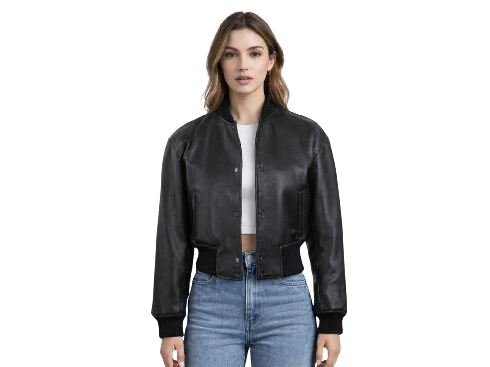 Women’s Black Lambskin Leather Bomber Jacket Wholesale Custom Private Label Manufacturer front design preview