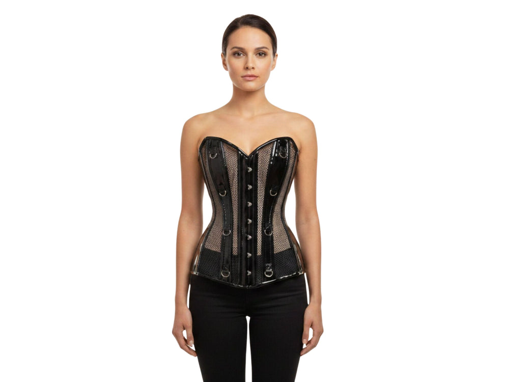 Black PVC Mesh Overbust Corset Wholesale | Semi Sheer Gothic Bustier Manufacturer front design preview