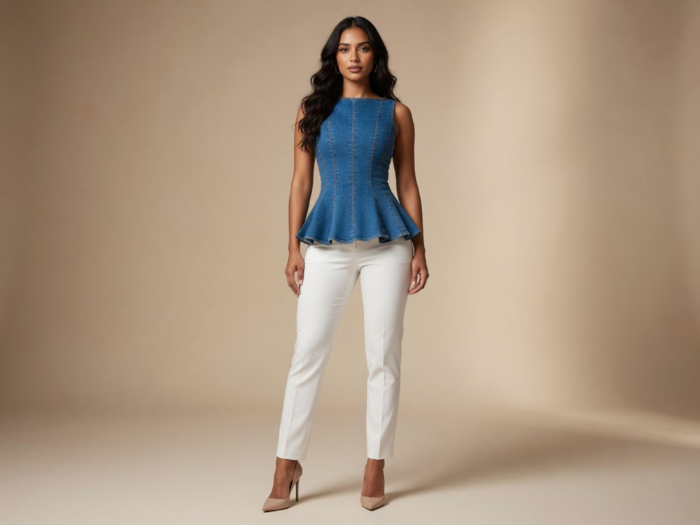 Wholesale Custom Mid Blue Denim Peplum Top Manufacturer Private Label Corset Style Top front design preview
