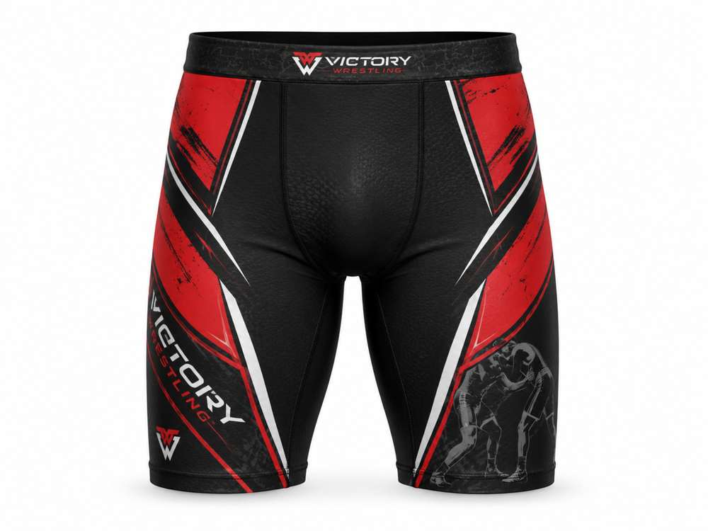 Custom Wrestling Compression Shorts | Wholesale Wrestling Team Shorts | Black Red | Apparels Bridge front design preview