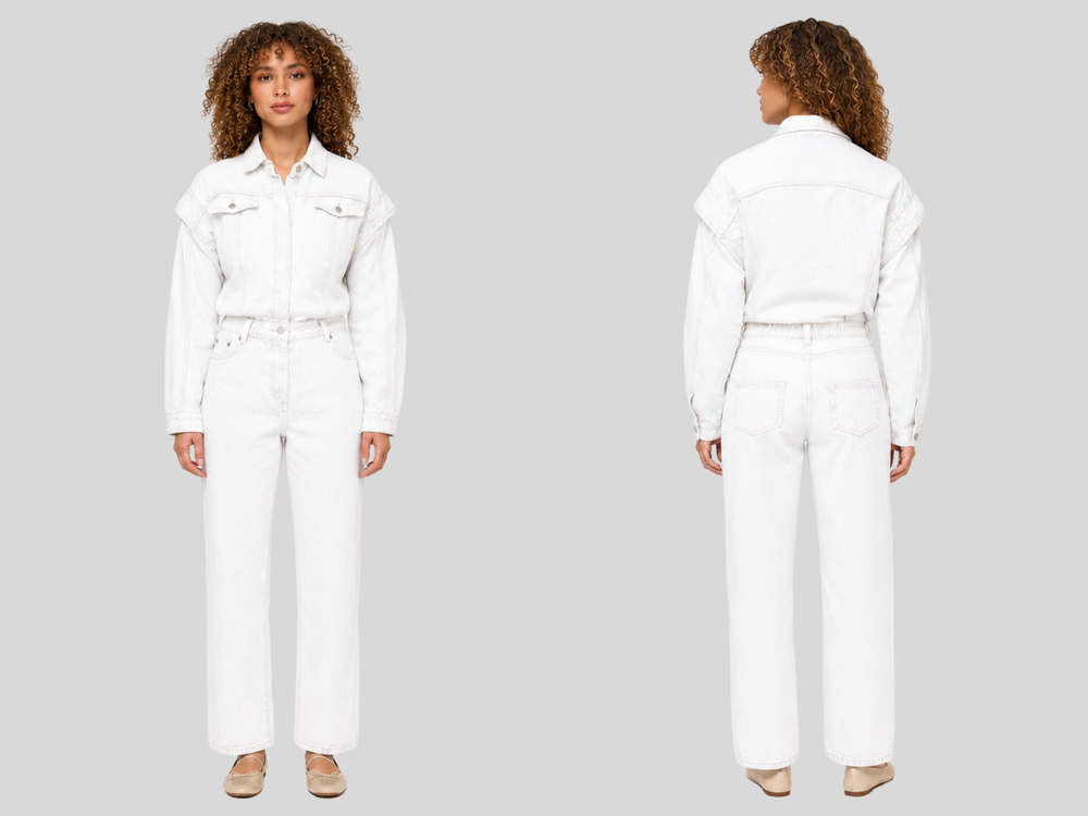 Wholesale Custom White Denim Jumpsuit Manufacturer Private Label Long Sleeve Coverall front design preview