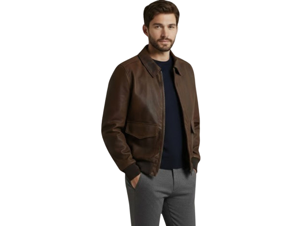 Men’s Brown Genuine Smooth Leather Flight Jacket Wholesale Custom Private Label Manufacturer front design preview
