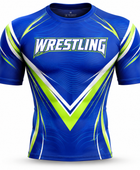 Custom Wrestling Compression Shirt | Wholesale Wrestling Team Shirt | Blue Lime Green White | Apparels Bridge