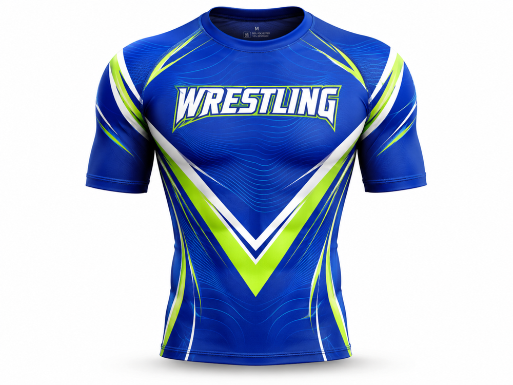 Custom Wrestling Compression Shirt | Wholesale Wrestling Team Shirt | Blue Lime Green White | Apparels Bridge front design preview