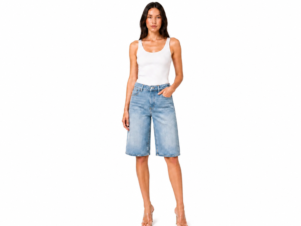 Wholesale Custom Light Blue Denim Bermuda Shorts Manufacturer Private Label High Waist Shorts front design preview