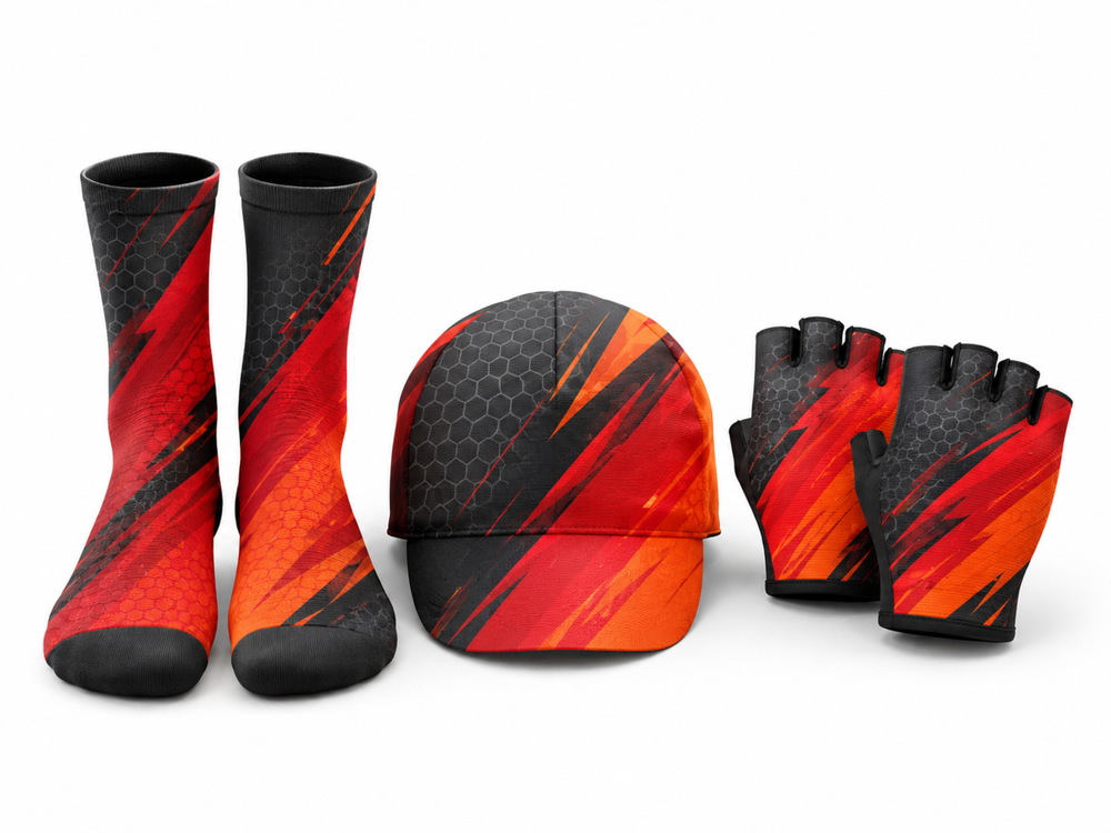 Custom Cycling Socks Helmet and Gloves Set | Wholesale Cycling Team Accessory Bundle | Black Red Orange | Apparels Bridge front design preview