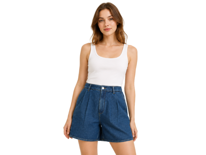 Custom Women’s Pleated Dark Blue Denim Shorts B2B