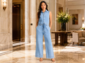 Wholesale Custom Light Blue Denim Jumpsuit Manufacturer Private Label Wide Leg Coverall