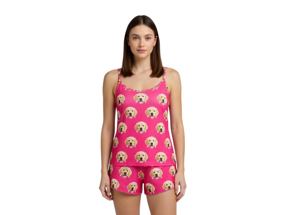 Wholesale Custom Pet Face Polyester Short Set, Hot Pink Sleepwear Manufacturer for Private Label Boutique Brands front design preview