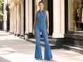 Wholesale Custom Medium Blue Denim Jumpsuit Manufacturer Private Label Zip Front Flare Boilersuit