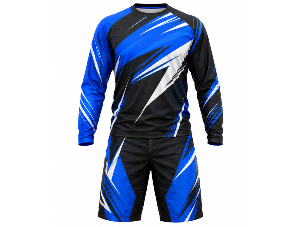 Custom MTB Jersey and Shorts Set | Wholesale Mountain Bike Team Kit | Black Blue White | Apparels Bridge front design preview