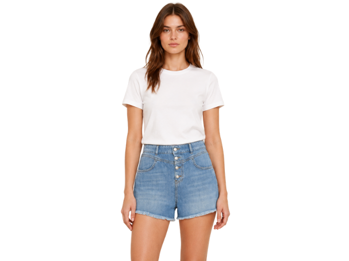 Custom Women’s High Waisted Button Fly Denim Light Blue Shorts B2B front design preview
