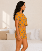 Wholesale Custom Pet Face Polyester Pajama Set, Mustard Yellow Short Sleeve Sleepwear Manufacturer for Private Label Brands