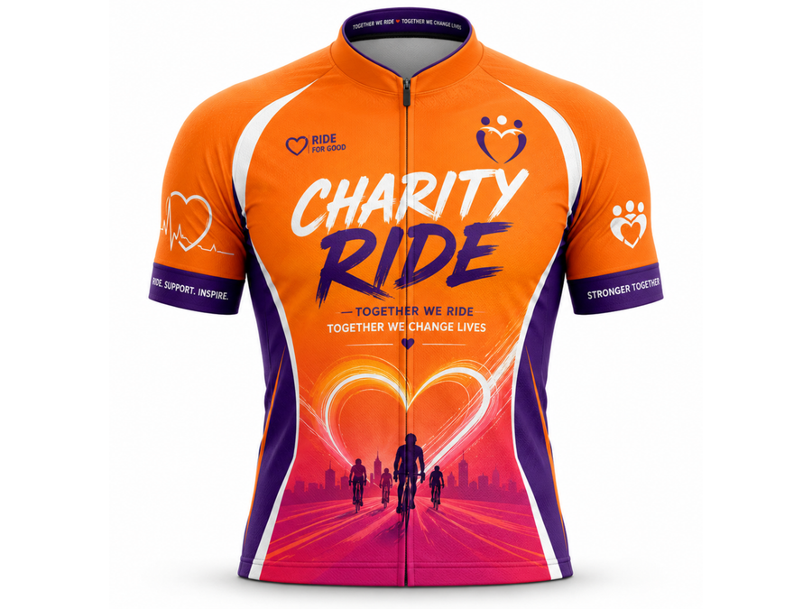 Custom Charity Ride Cycling Jersey | Wholesale Charity Event Bike Jersey | Orange Purple Pink | Apparels Bridge design preview