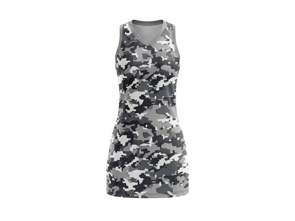 Custom Gray Camo Sublimated Basketball Dress – Teamwear front design preview