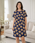 Wholesale Custom Pet Face Polyester Sleep Shirt, Navy Blue Short Sleeve Nightshirt Manufacturer for Private Label Brands