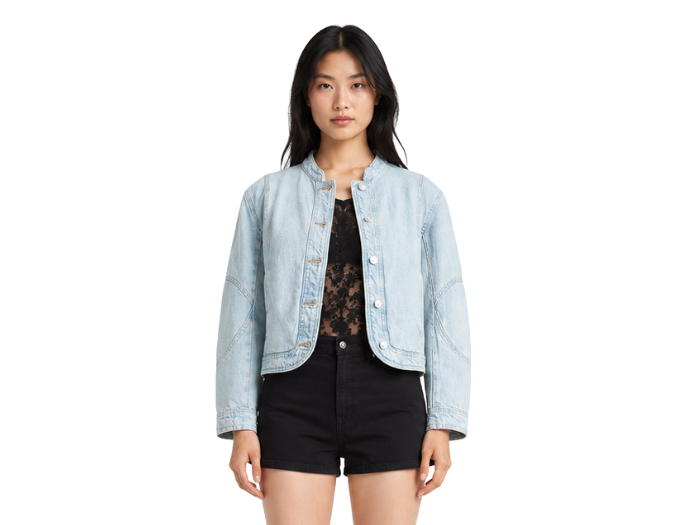 Custom Women’s Collarless Cropped Denim Blue Jacket B2B front design preview