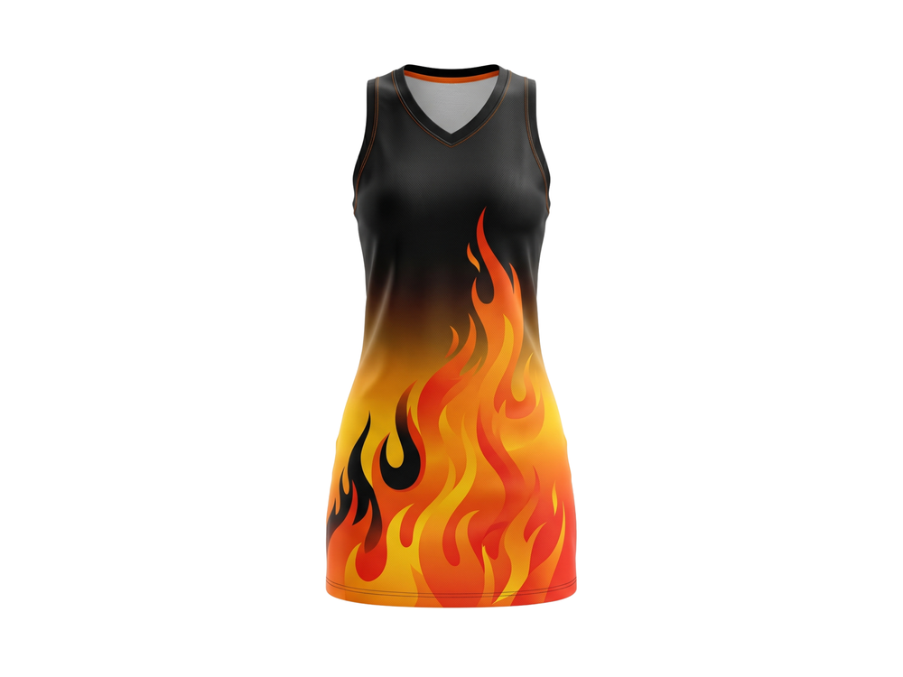 Black, Orange & Yellow Flame Custom Sublimated Basketball Dress front design preview