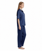 Wholesale Navy Blue Satin Pajama Set, Custom Button Up Sleepwear Manufacturer for Private Label Boutique Brands