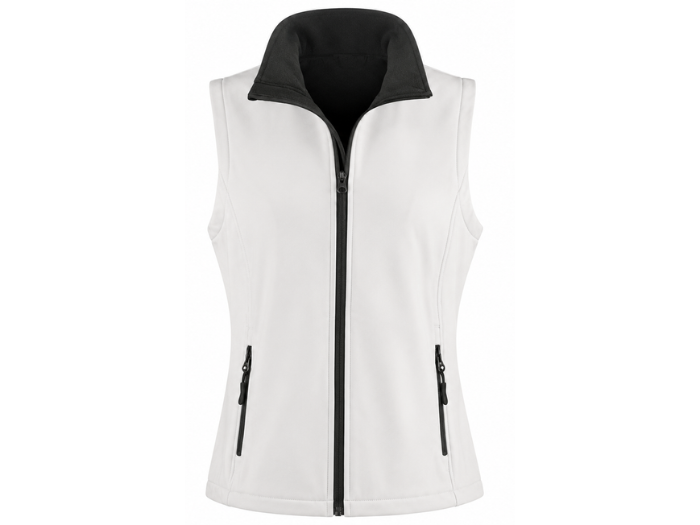 Ladies Soft Shell Body Warmer – White and Black | B2B Low MOQ Manufacturer front design preview
