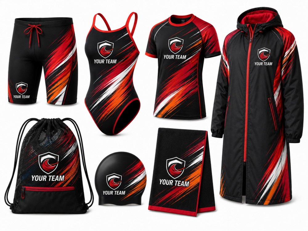 Custom Full Swim Team Package – Black Red Wholesale Team Kit front design preview