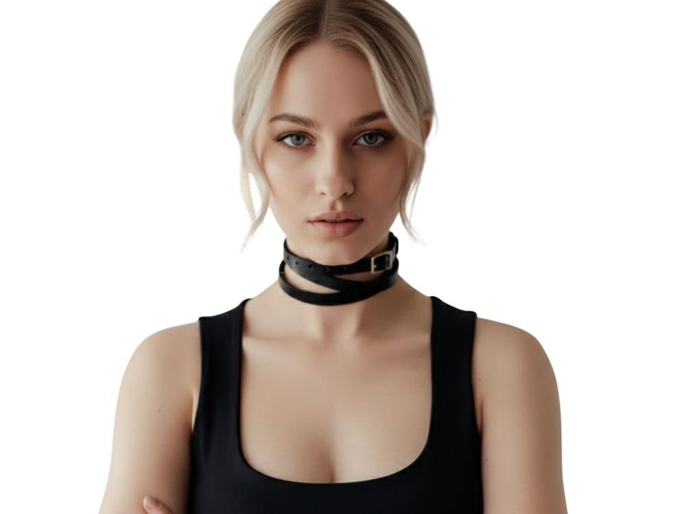 Women’s Black Leather Double Wrap Choker Wholesale | Custom Minimal Leather Necklace Manufacturer front design preview