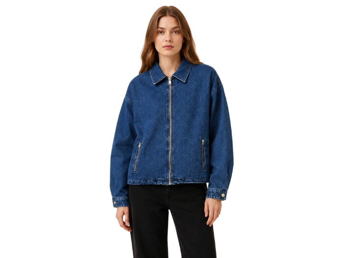 Custom Women’s Dark Blue Zip Front Denim Jacket B2B front design preview