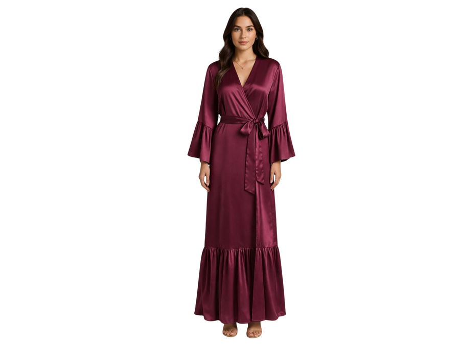 Wholesale Wine Satin Long Night Gown, Custom Full Length Wrap Robe Manufacturer for Private Label Brands design preview