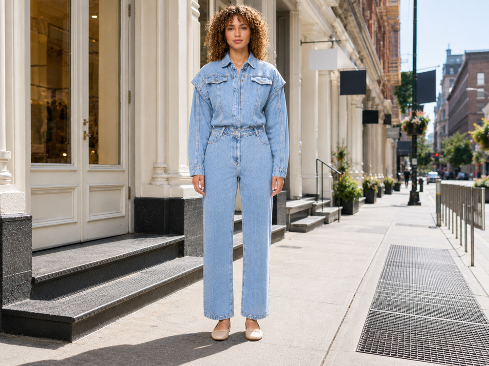Wholesale Custom Light Blue Denim Jumpsuit Manufacturer Private Label Jean Boilersuit front design preview