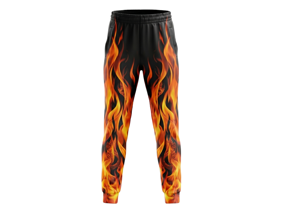 Black, Orange, Yellow & Red Flame Custom Basketball Sublimated Bottoms front design preview