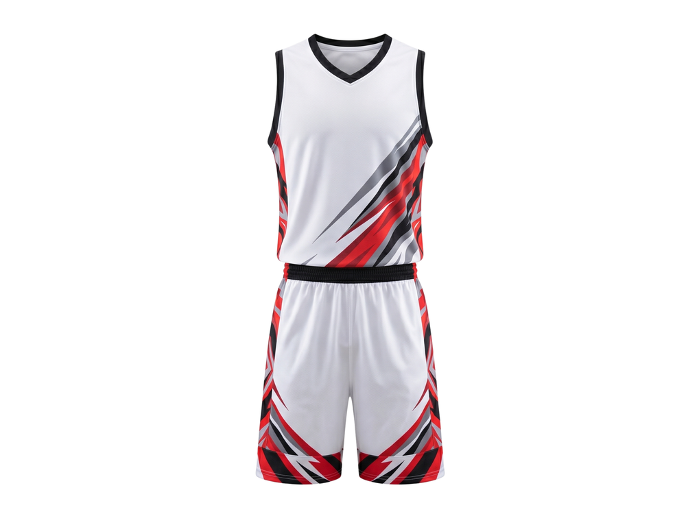 White, Red, Black & Gray Custom Basketball Sublimated Uniform front design preview