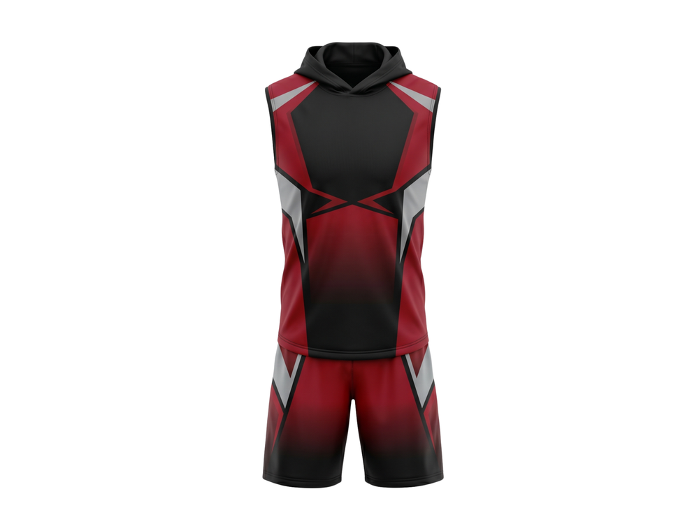 Custom Red Black 7v7 Football Uniform – Sleeveless Hooded Team Set for Clubs front design preview