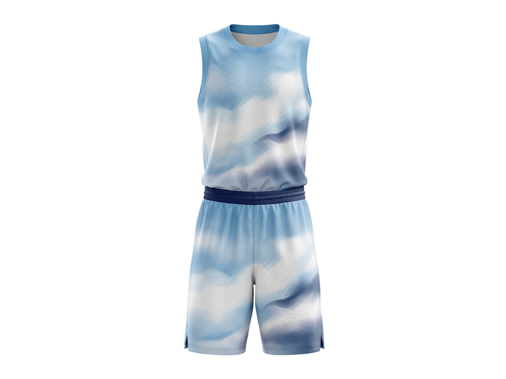 Custom Sky Blue, White & Navy Cloud Print Basketball Sublimated Uniform front design preview