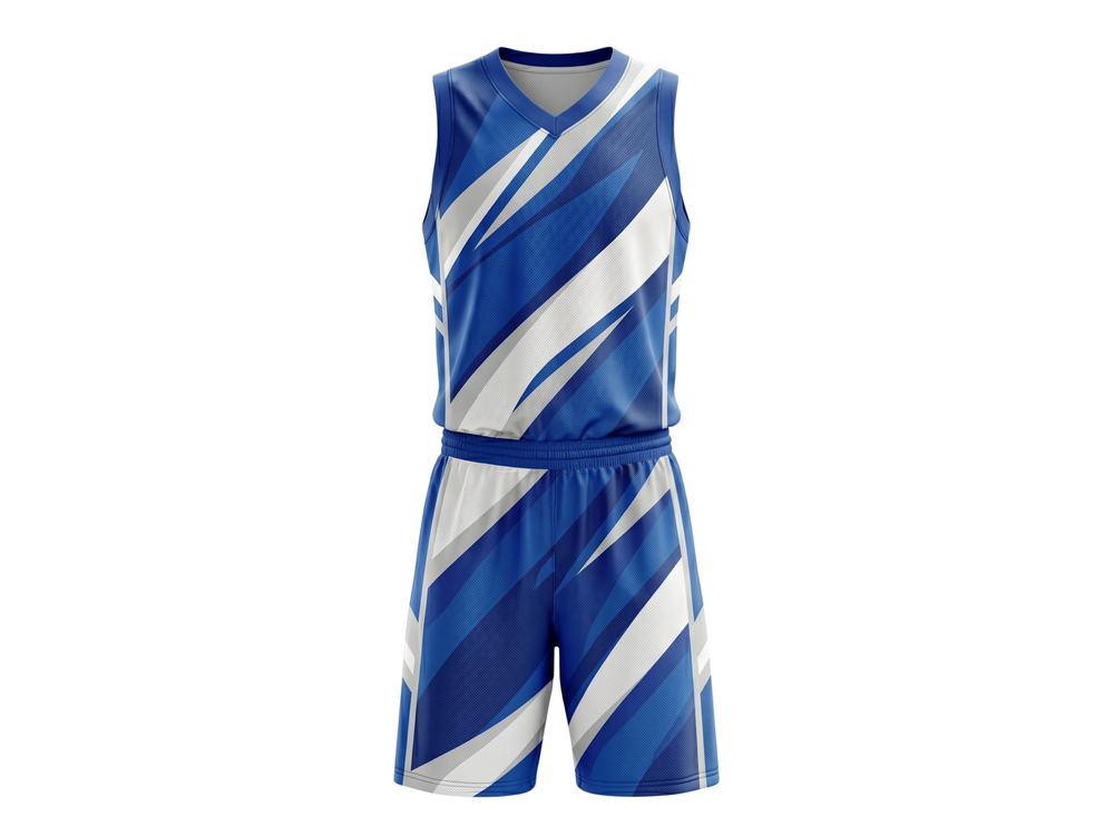 Royal Blue, White & Light Blue Custom Basketball Sublimated Uniform front design preview