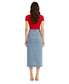 Custom Women’s Front-Slit Denim Midi Skirt for Private Labels