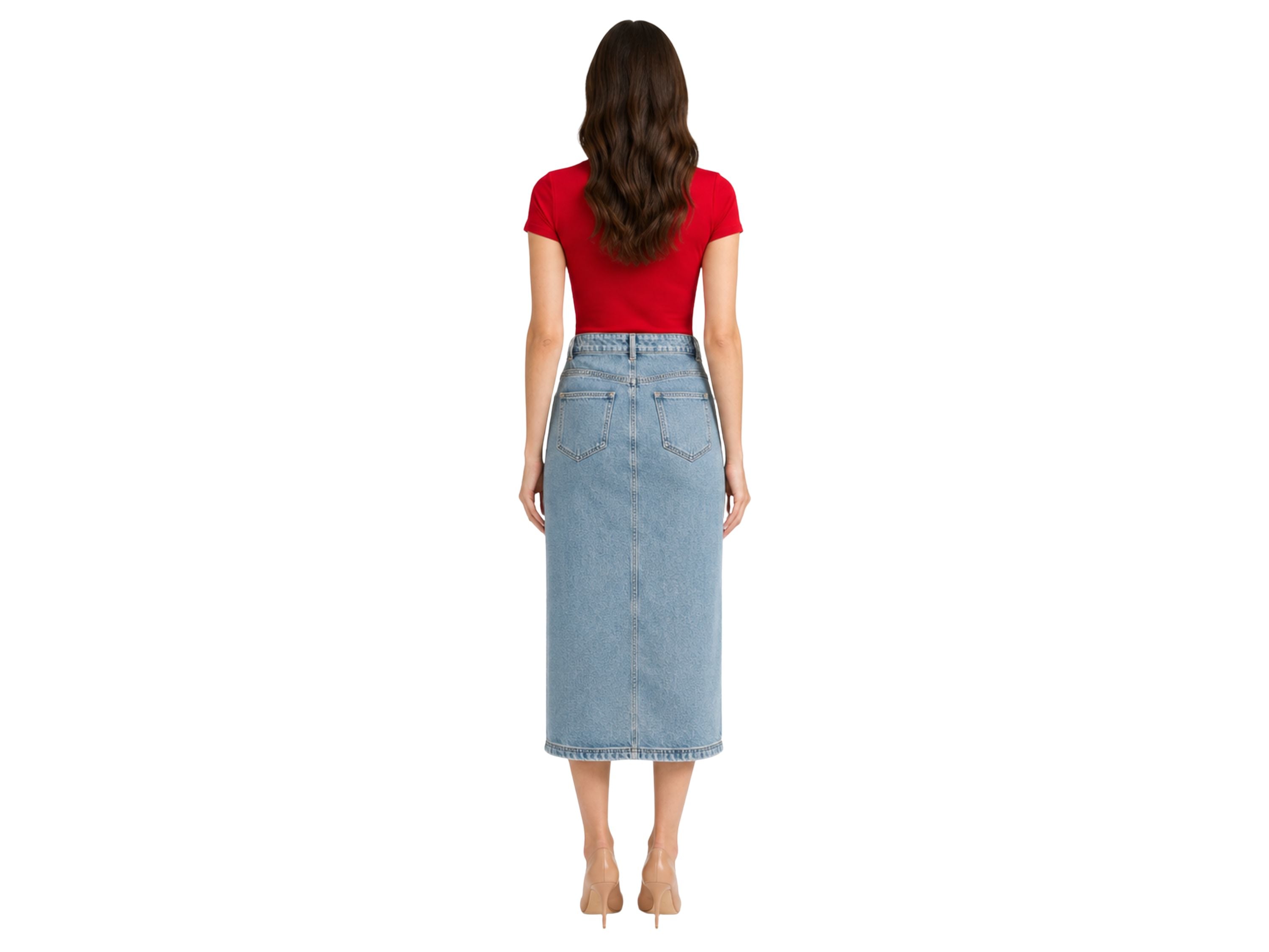 Custom Women’s Front-Slit Denim Midi Skirt for Private Labels