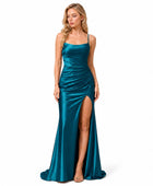 Wholesale Teal Satin Slit Prom Dress | Custom Cowl Neck Open Back Gown Manufacturer for Boutiques