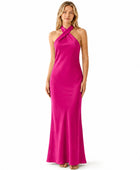 Wholesale Fuchsia Satin Halter Prom Dress, Custom Open Back Formal Gown Manufacturer for Private Label Boutiques