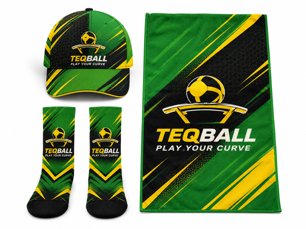 Custom Teqball Accessories Kit – Green Yellow Cap Towel Socks for Wholesale Buyers front design preview