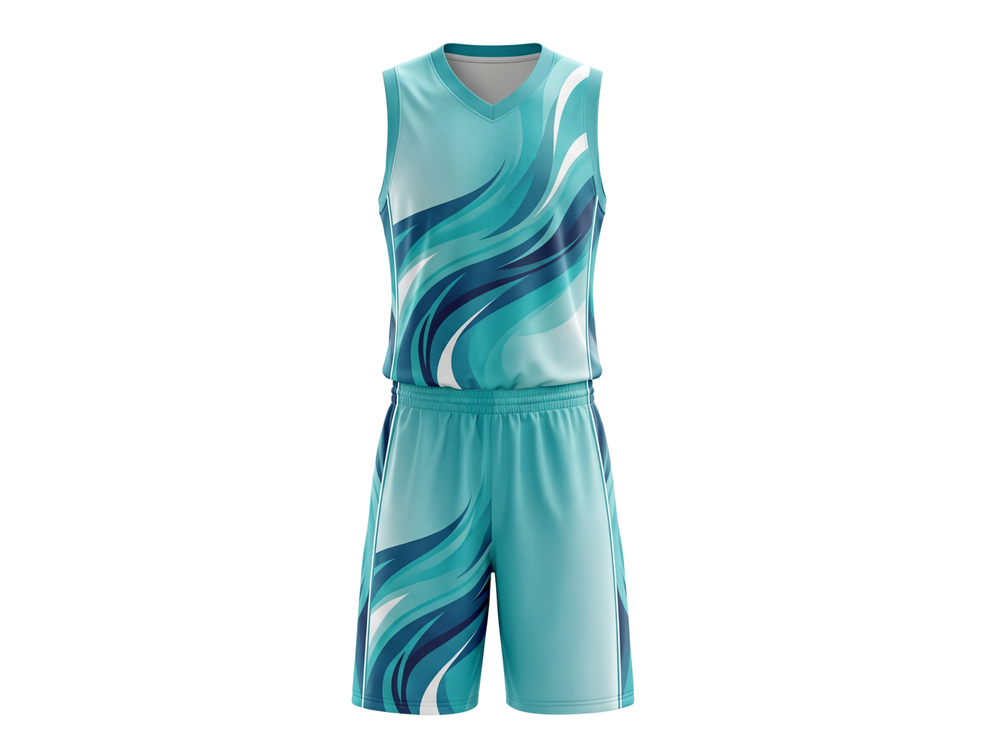 Custom Aqua, Teal, Navy Blue & White Basketball Sublimated Uniform front design preview