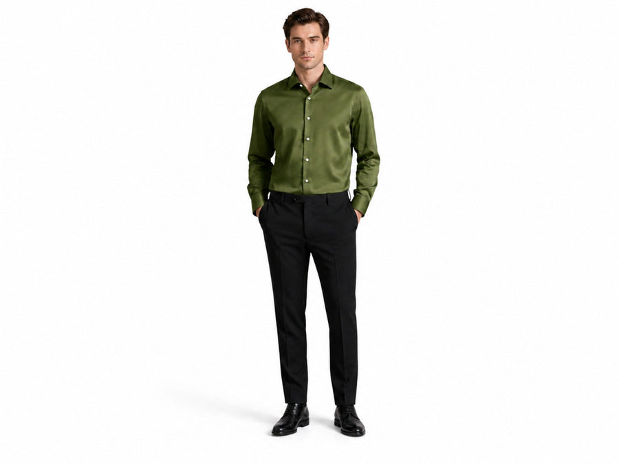Wholesale Olive Green Satin Men Shirt, Custom Slim Fit Long Sleeve Button Up Shirt Manufacturer for Private Label Brands design preview