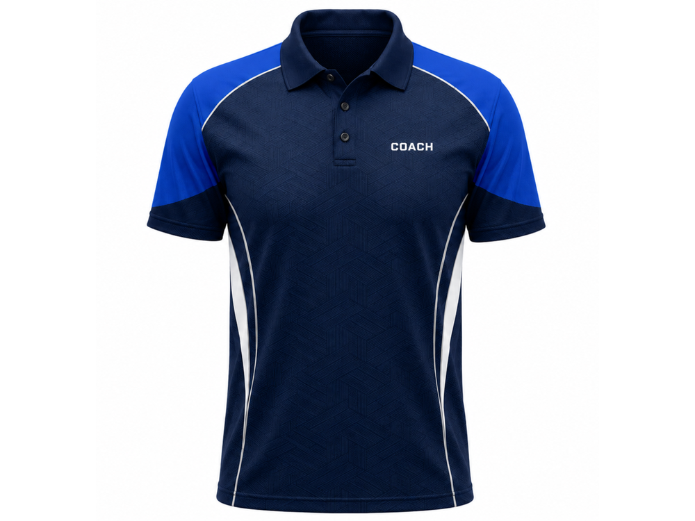 B2B Custom Teqball Coach Staff Polo Shirt Navy Blue Wholesale Teamwear front design preview