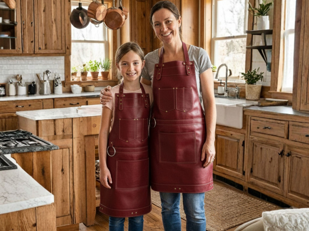 Mother Daughter Leather Apron Set Matching Mom and Kids Cooking BBQ Chef Aprons front design preview