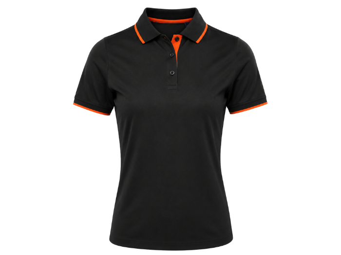 Ladies Contrast Pique Polo Shirt Black and Orange | B2B Low MOQ Hospitality Workwear Manufacturer front design preview