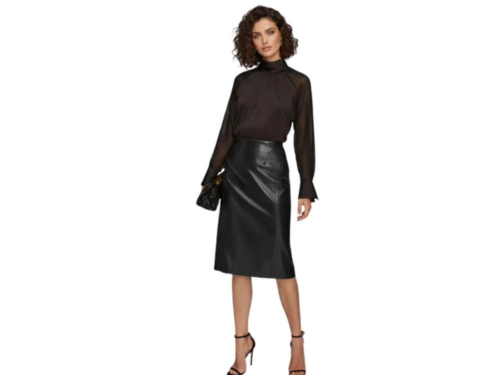 Women’s Genuine Lambskin Leather Midi Pencil Skirt Wholesale | Custom Private Label Skirt Manufacturer front design preview
