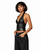 Women’s Black Lambskin Leather Halter Top Wholesale | Custom Private Label Leather Crop Top Manufacturer