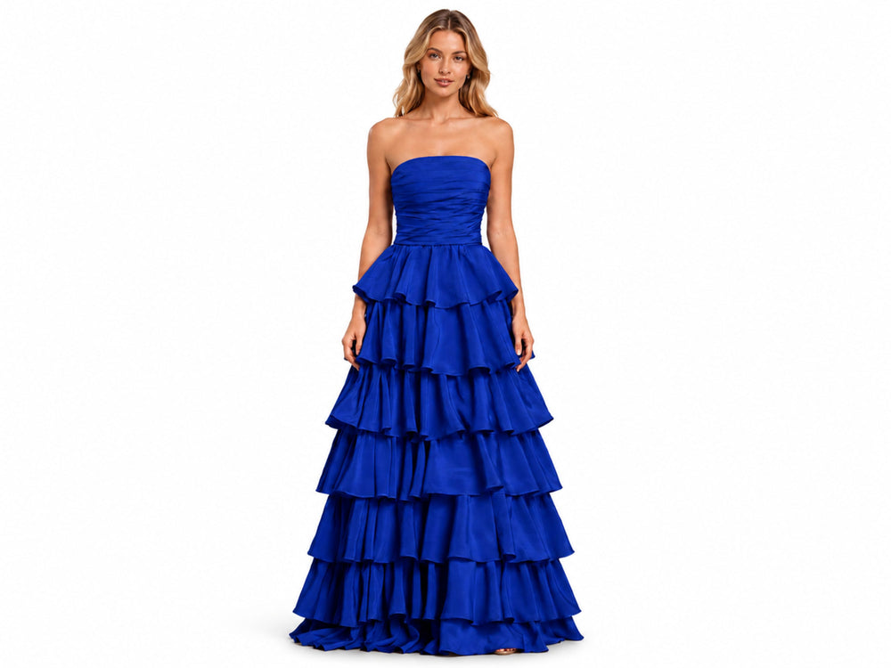 Wholesale Cobalt Blue Satin Tiered Prom Dress | Custom Strapless Ruffle Gown Manufacturer for Boutiques front design preview