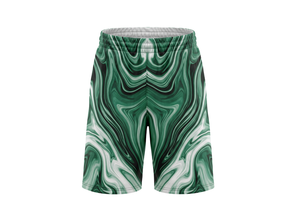 Custom Emerald Green, White, Black & Sage Basketball Sublimated Shorts front design preview