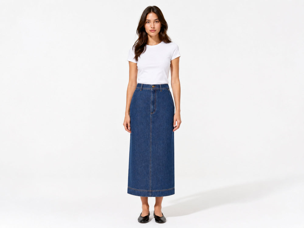 Custom Women’s Dark Blue Denim Midi Skirt for Private Labels front design preview