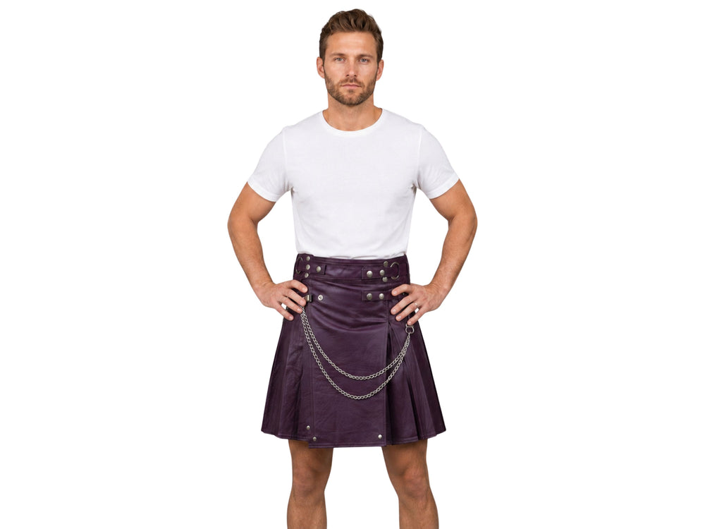 Men’s Gothic Leather Utility Kilt Wholesale | D-Ring Chain Cargo Pocket Kilt Manufacturer front design preview